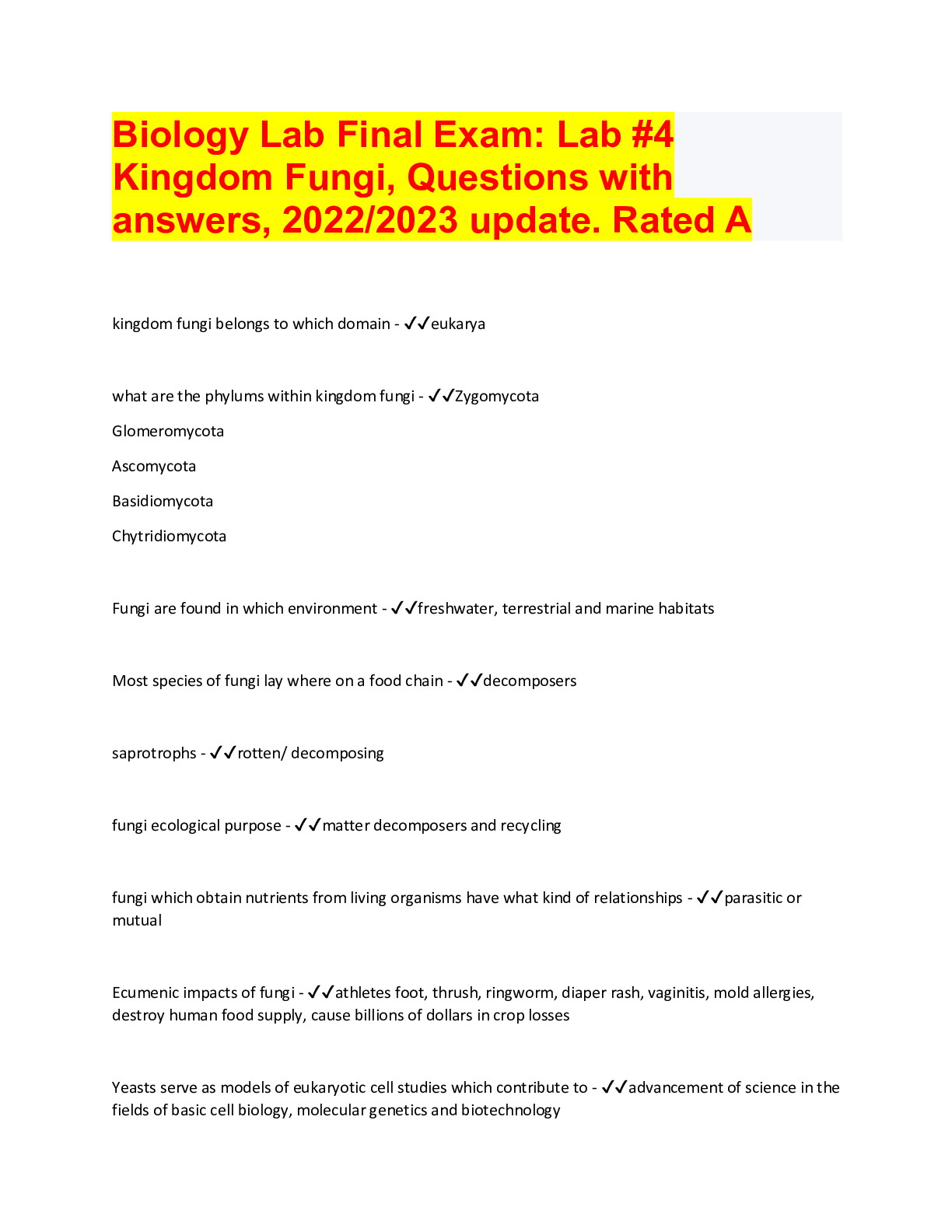 Biology Lab Final Exam Lab 4 Kingdom Fungi, Questions with answers